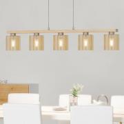 Hängelampe Castralvo, Länge 115 cm, holz/amber, 5-flg., Glas