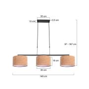 Hängelampe Stang, schwarz/braun, Länge 140 cm, Kork, 3-flg.