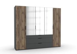 Kleiderschrank 250 cm breit mit Schubladen und Spiegel Dunkelbraun Gra...