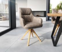 Esszimmerstuhl Zelia-Flex mit Armlehnen Mikrofaser Taupe Vintage Holzg...