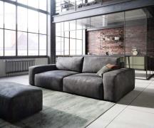 Big-Sofa Lanzo 230x95 cm Lederimitat Vintage Anthrazit mit Hocker